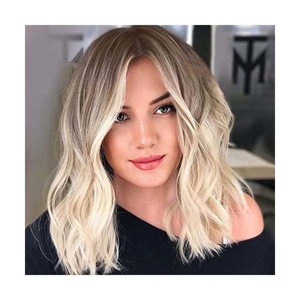 PORSMEER Perruque Ondulé Bouclés femme naturelle middle small lace wig Court Bob Noir Couleur Mixte Ombre Brun perruques chev