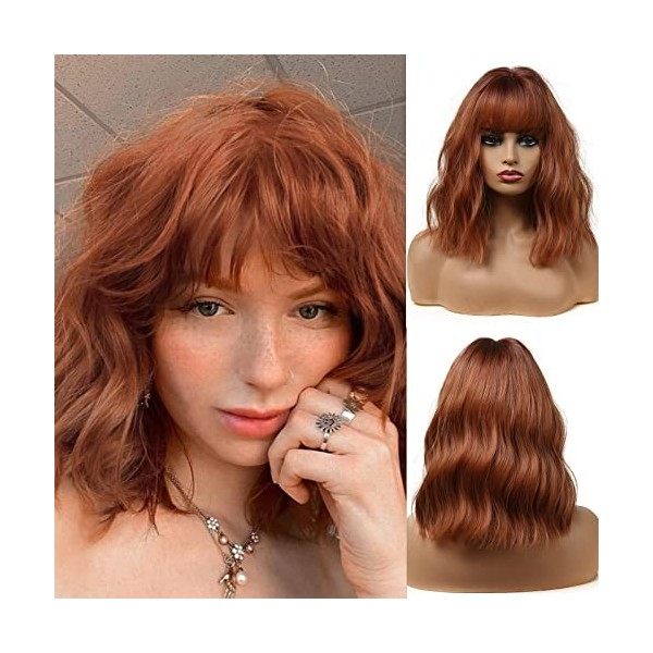 Esmee 14 Inches Court Ndulée Auburn Bob Perruque avec Franges Naturelle Synthétique Heat Resistant Perruques pour les Femmes 