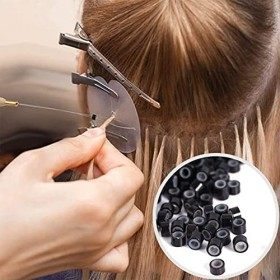 Kit Dextension de Cheveux Outil, Extension de Cheveux avec Micro Anneau, 500PCS Micro Anneaux Silicone Noir, Boucle de Tract