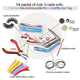Kit de guirlandes de cheveux, 14 couleurs pailletées avec outils pour femmes et filles pince + aiguille à tirer + 100 perles