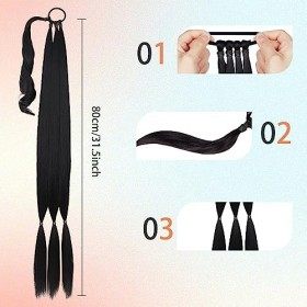 80cm Extension de Queue de Cheval Tressée avec Attache Cheveux, Faux Cheveux, Longue Extensions de Cheveux Droites et Envelop