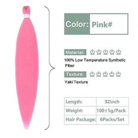 Easy Braid Pre Stretched Pink Braiding Hair 32 Inch 6Packs Natural Hair Kanekalon Braiding Hair Yaki Texture Free Hot Water S