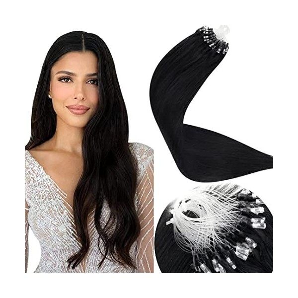 LaaVoo Easy Loop Extension Cheveux Humains Noir 1 50s/50g 14pouce/35cm Micro Ring Extension a Froid Cheveux Naturel Noir Jai