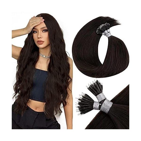 LaaVoo Easy Loop Extension Cheveux Humains Noir 1 50s/50g 14pouce/35cm Micro Ring Extension a Froid Cheveux Naturel Noir Jai