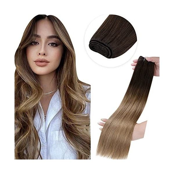 LaaVoo Tissage Extension Cheveux Humains 14pouce 80g Balayage Marron Foncé Ombre to Blonde Fraise Tissage Naturel Cheveux Rem