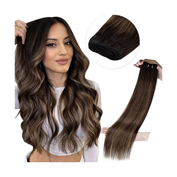 LaaVoo Tissage Extension Cheveux Humains 14pouce 80g Balayage Marron Foncé Ombre to Blonde Fraise Tissage Naturel Cheveux Rem