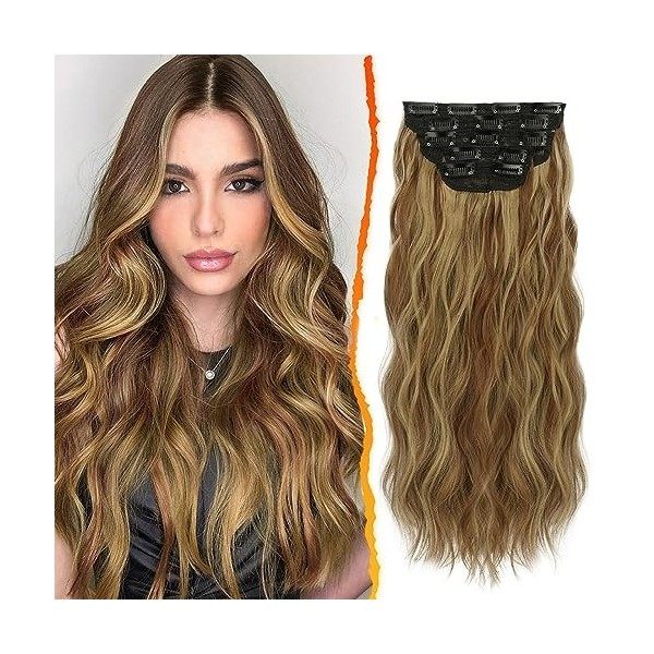 BARSDAR Bouclés Extensions de Cheveux à Clip, 5PCS Long Ondulé Clip dans les Extensions de Cheveux Naturel Doux Synthétique P