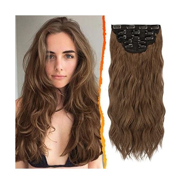 BARSDAR Bouclés Extensions de Cheveux à Clip, 5PCS Long Ondulé Clip dans les Extensions de Cheveux Naturel Doux Synthétique P