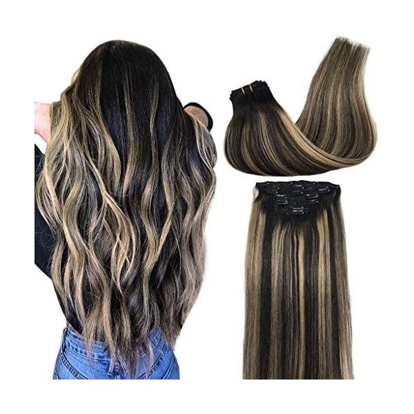 GOO GOO Extensions de cheveux, 7pcs 120g 35cm Clip Extensions de cheveux humains, Noir Naturel Extensions de cheveux naturels