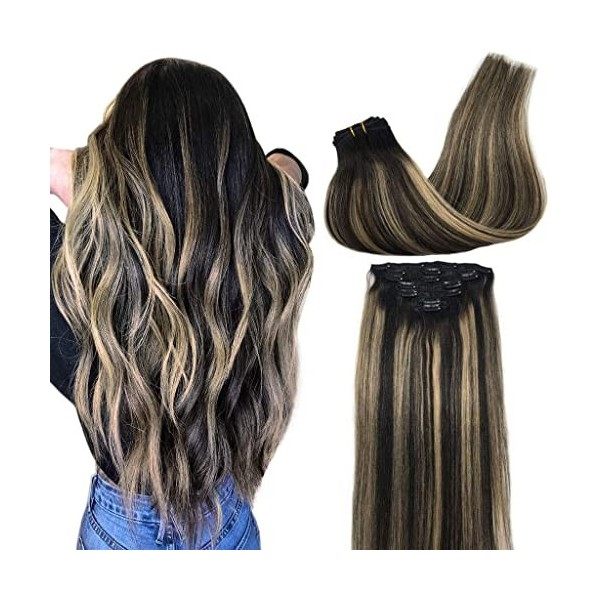 GOO GOO Extensions de cheveux, 7pcs 120g 35cm Clip Extensions de cheveux humains, Noir Naturel Extensions de cheveux naturels...