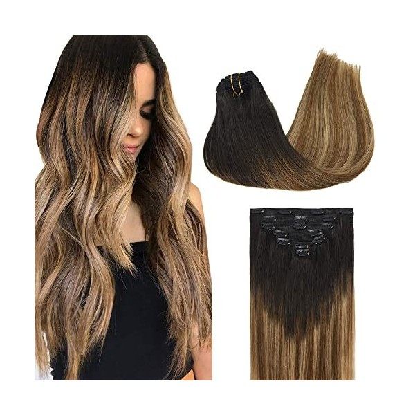 GOO GOO Extensions de cheveux, 7pcs 120g 35cm Clip Extensions de cheveux humains, Noir Naturel Extensions de cheveux naturels