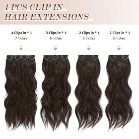 FESHFEN Extension de Cheveux à Clips, Longue Marron Foncé Ondulées Bouclées Extension à Clip Cheveux 4 PCS Synthétique Nature