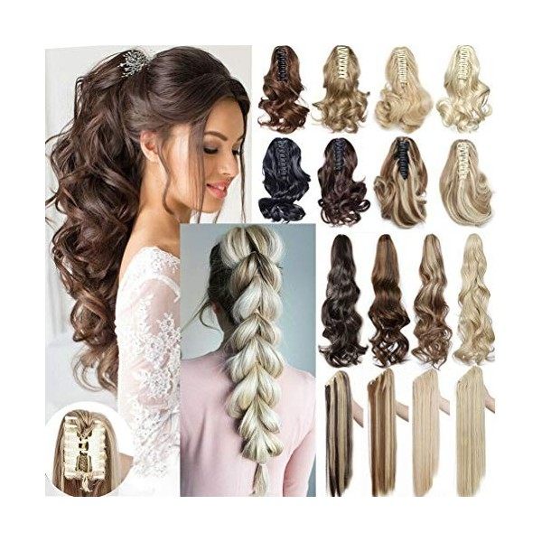 Queue de Cheval Postiche Extension Cheveux Naturel Ondulé Bouclés Longue Synthétiques Griffe Claw on Ponytail 45cm Marron fon