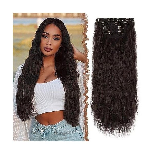 FESHFEN Extensions de Cheveux à Clip 4 PCS Longue Ondulées Bouclées Synthétique Naturel Postiche Cheveux à Clip Extensions de