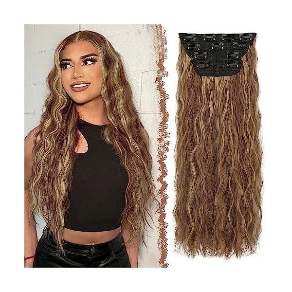 FESHFEN Extensions de Cheveux à Clip 4 PCS Longue Ondulées Bouclées Synthétique Naturel Postiche Cheveux à Clip Extensions de