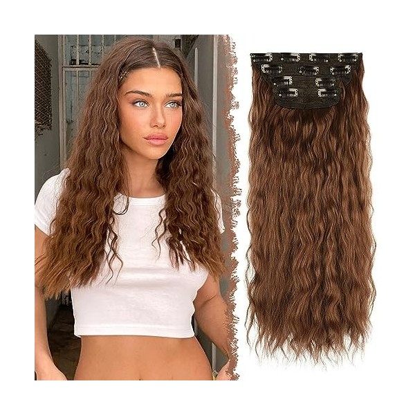 FESHFEN Extensions de Cheveux à Clip 4 PCS Longue Ondulées Bouclées Synthétique Naturel Postiche Cheveux à Clip Extensions de