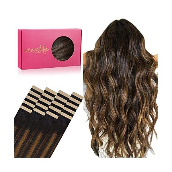 WENNALIFE Extension Adhesive Cheveux Naturel, 20pcs 35cm 50g Balayage Marron Foncé Mixte Marron Châtaigne Extension Cheveux N