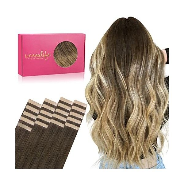 WENNALIFE Extension Adhesive Cheveux Naturel, 20pcs 35cm 50g Balayage Marron Foncé Mixte Marron Châtaigne Extension Cheveux N