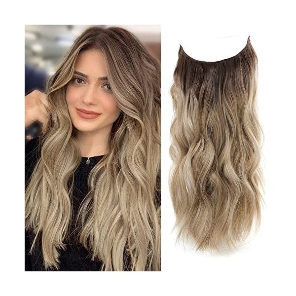 Extensions de cheveux synthétiques ondulés avec fil invisible pour femme - 50,8 cm - Blond foncé avec racine foncée