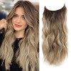 Extensions de cheveux synthétiques ondulés avec fil invisible pour femme - 50,8 cm - Blond foncé avec racine foncée