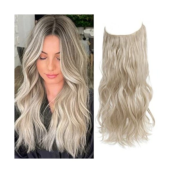 Extensions de cheveux synthétiques ondulés avec fil invisible pour femme - 50,8 cm - Blond foncé avec racine foncée