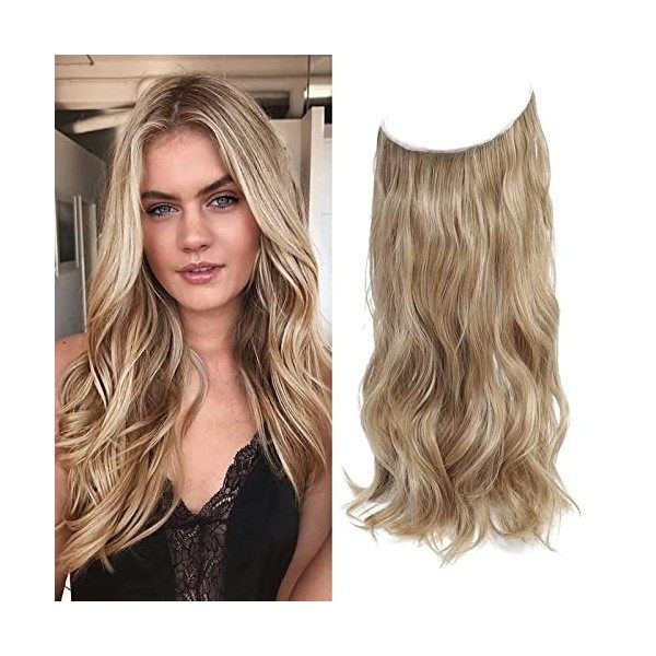 Extensions de cheveux synthétiques ondulés avec fil invisible pour femme - 50,8 cm - Blond foncé avec racine foncée