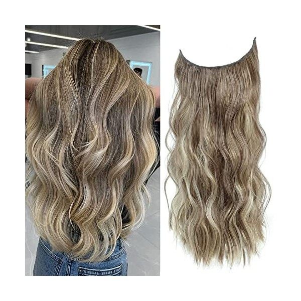 Extensions de cheveux synthétiques ondulés avec fil invisible pour femme - 50,8 cm - Blond foncé avec racine foncée