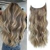 Extensions de cheveux synthétiques ondulés avec fil invisible pour femme - 50,8 cm - Blond foncé avec racine foncée