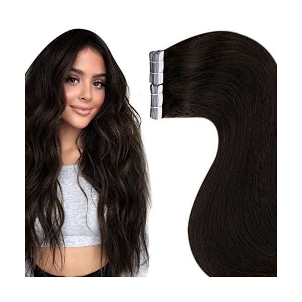 LaaVoo Extension Cheveux Naturel Bande Adesive Brun Ombre Extension Cheveux Naturel Adhesif Invisible Marron Foncé Ombre à Br