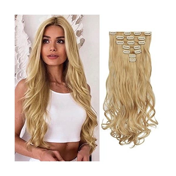 FESHFEN Extension a Clip Cheveux Naturel, 50 cm Extension Cheveux Bouclés 7 Pcs 16 Clips Synthétique Postiche Cheveux Long Ex