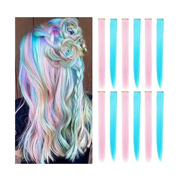 XIRRWWH 12 Pieces 21 Inch Color Hair Extension Clips, Color Wigs Heat Resistant Straight Multicolor Accessories Festive Dress