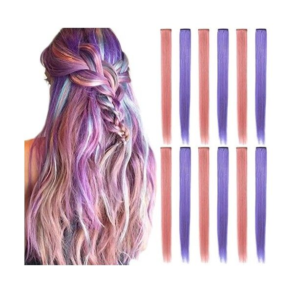 XIRRWWH 12 Pieces 21 Inch Color Hair Extension Clips, Color Wigs Heat Resistant Straight Multicolor Accessories Festive Dress