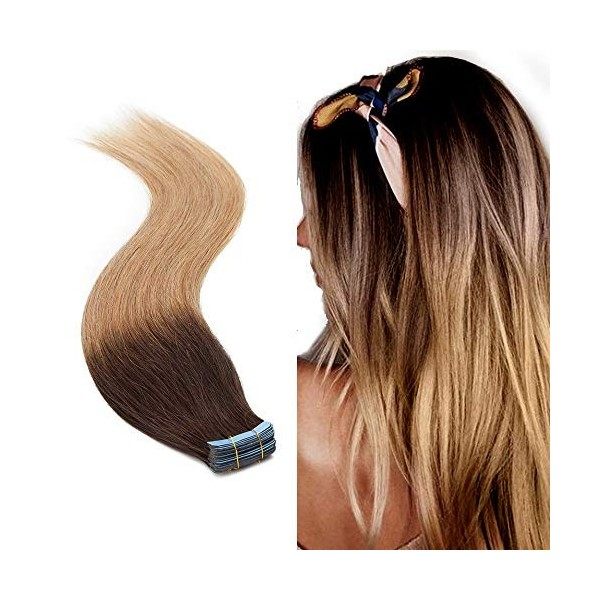 Extension Adhesive Cheveux Naturel 40 Pcs - Rajout Cheveux Humain à Invisible Bande Adhesive 02 CHATAIN FONCE, 60 cm-100 g 