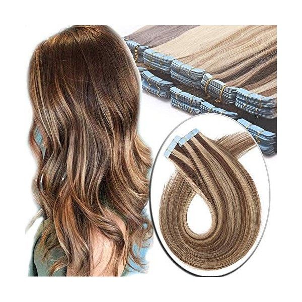 Extension Adhesive Cheveux Naturel 40 Pcs - Rajout Cheveux Humain à Invisible Bande Adhesive 02 CHATAIN FONCE, 60 cm-100 g 