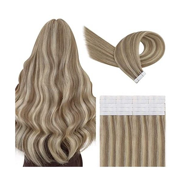 YoungSee Extension Adhesive Cheveux Naturel Blond Extension Cheveux Naturel Adhesif Invisible 20pcs 50g 22 Pouces Brun Fonce 