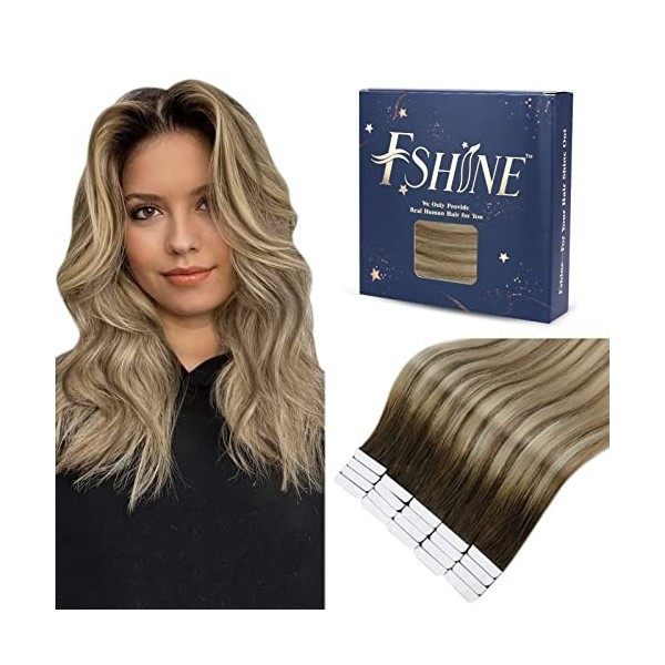 Fshine Extension Tape Adhesive Invisible 14 Pouces 20 Pcs Straight Real Human Cheveux Color Dark Brown to Chestnut Brown 50g 