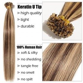 Elailite Extension Cheveux Naturel Keratine 50 Mèches 50g - Rajout Cheveux Humain Pose a Chaud 60cm - 4+27 Medium Brown mix 