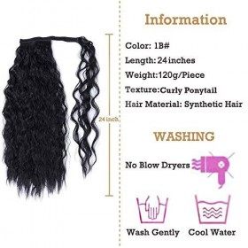 2 pièces 24 pouces de long noir bouclé titulaire de queue de cheval Extension de cheveux Wrap Around Extensions de queue de c