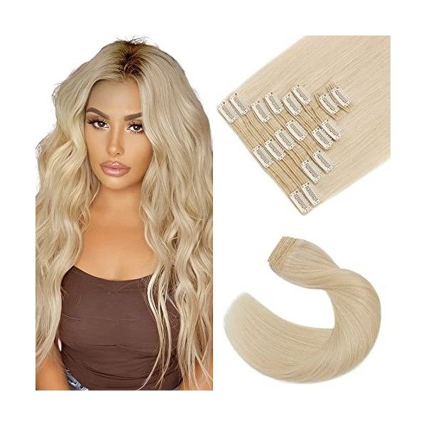 Extension a Clip Cheveux Naturel Rajout Vrai Cheveux Humain Lisse - 8 Bandes pour Cheveux Fin 18+613 SABLE BLOND MECHE BLON