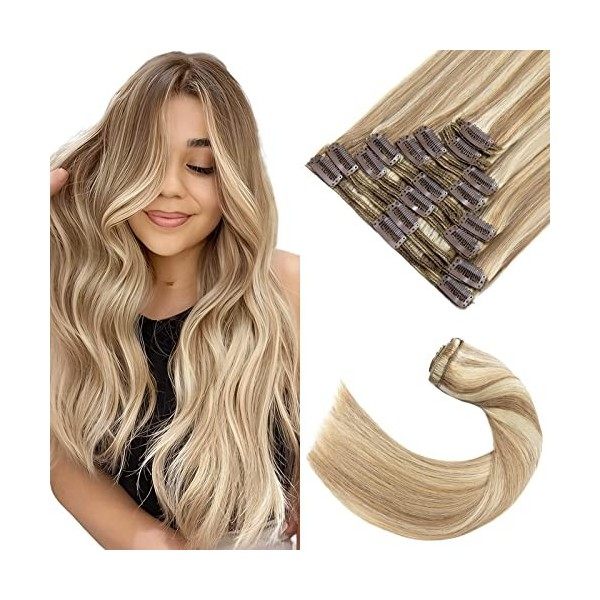 Extension a Clip Cheveux Naturel Rajout Vrai Cheveux Humain Lisse - 8 Bandes pour Cheveux Fin 18+613 SABLE BLOND MECHE BLON