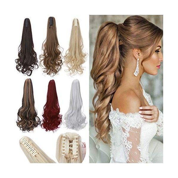 Postiche Queue de Cheval Cheveux Synthetique Ponytail Extension Droit à Bouclé Ondulé Queue de Cheval Cheveux Faux A Pince de...