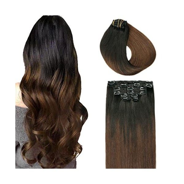 SURNEL Extension a Clip Cheveux Naturel Noir 1B 120g Humain Cheveux Clip Naturel Raides Clip in Double Trame Clip Extensions