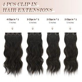 FESHFEN Extension de Cheveux à Clips, Longue Noir Naturel Ondulées Bouclées Extension à Clip Cheveux 4 PCS Synthétique Nature