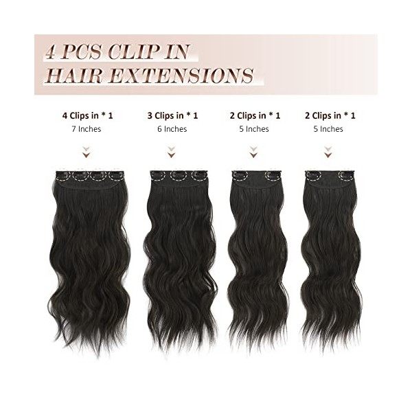 FESHFEN Extension de Cheveux à Clips, Longue Noir Naturel Ondulées Bouclées Extension à Clip Cheveux 4 PCS Synthétique Nature