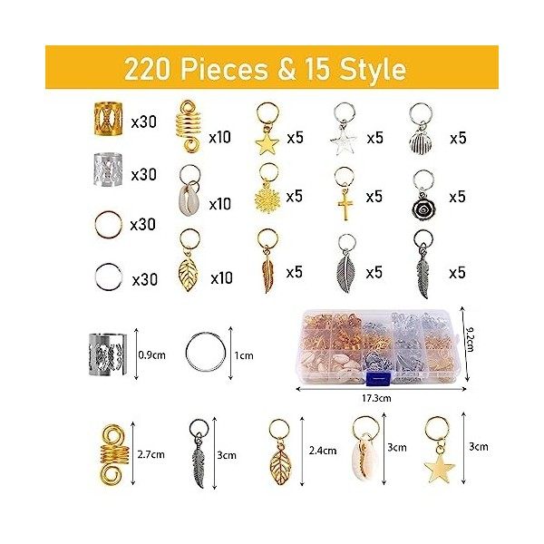 PUCIO dreadlocks accessoires 220 pcs bijoux tresse cheveux 15 styles tresse perles bijoux cheveux réglable aluminium accessoi