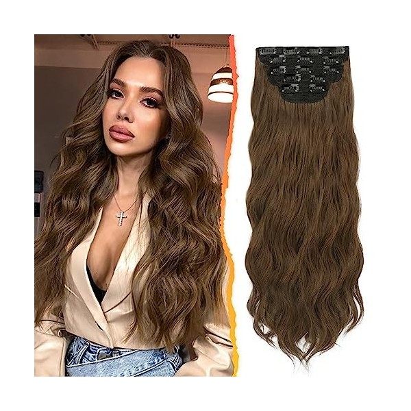 BARSDAR Bouclés Extensions de Cheveux à Clip, 5PCS Long Ondulé Clip dans les Extensions de Cheveux Naturel Doux Synthétique P