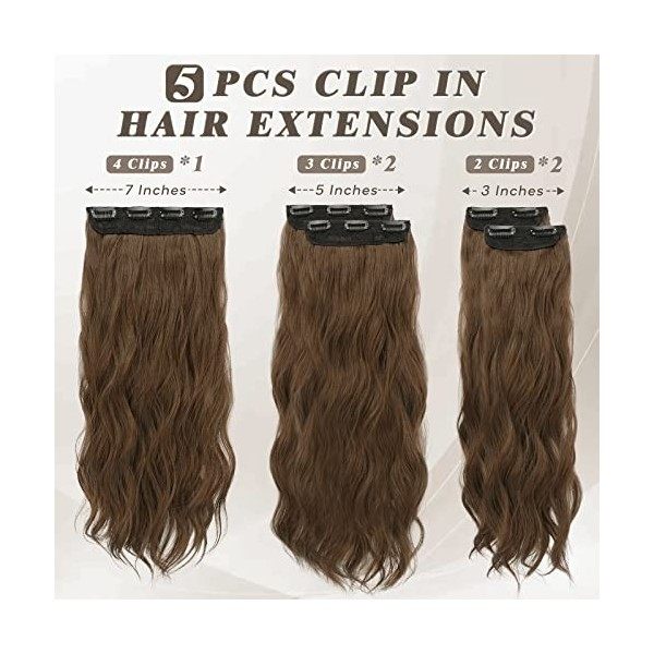 BARSDAR Bouclés Extensions de Cheveux à Clip, 5PCS Long Ondulé Clip dans les Extensions de Cheveux Naturel Doux Synthétique P