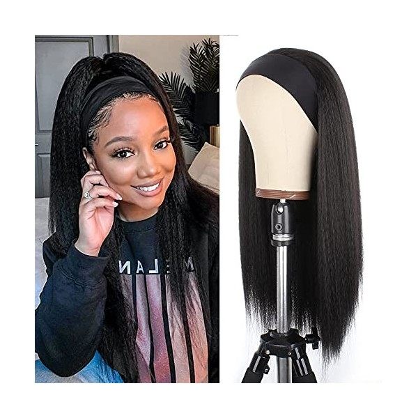 Xtrend 22 pouces Yaki Straight Bandeau Perruque pour Femme Longue Noir Afro Kinky Perruque Droite Synthétiques Sans Colle Auc