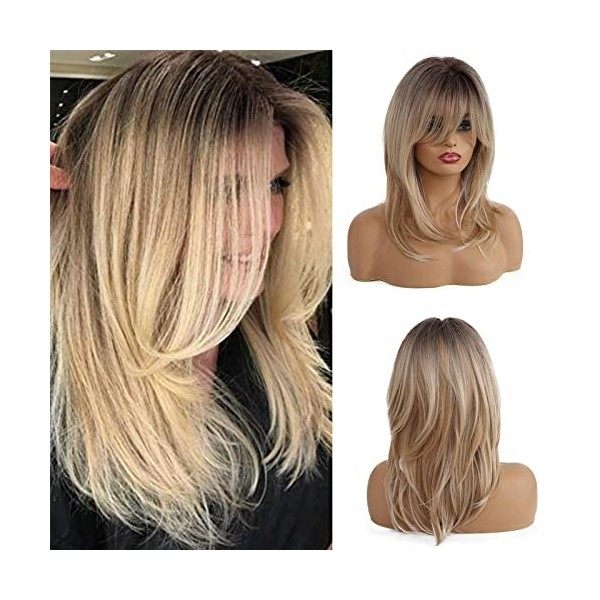 Esmee Perruque Ombre Blonde pour Femmes de 20 Pouces avec Frange, Longue Verticale Naturelle, avec racines foncées, Perruque 