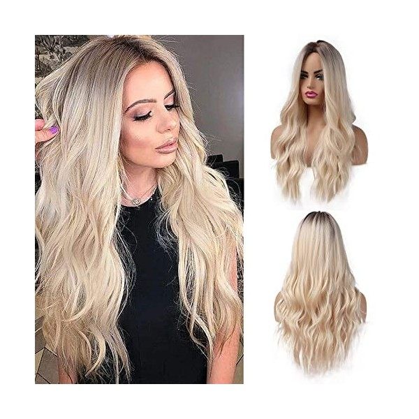 Esmee 26 Pouces Perruques Blonde Longues pour Femmes Cheveux Naturels Synthétiques Perruque Blonde Ombre avec Racines Foncées